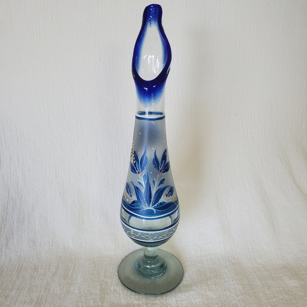 Vintage Mexican Blown Glass Vase Hand Painted
